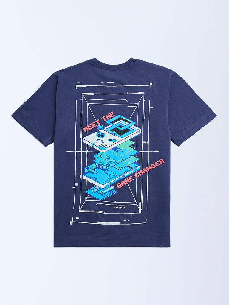 Y&F Kids Dark Blue Printed Cotton T-Shirt