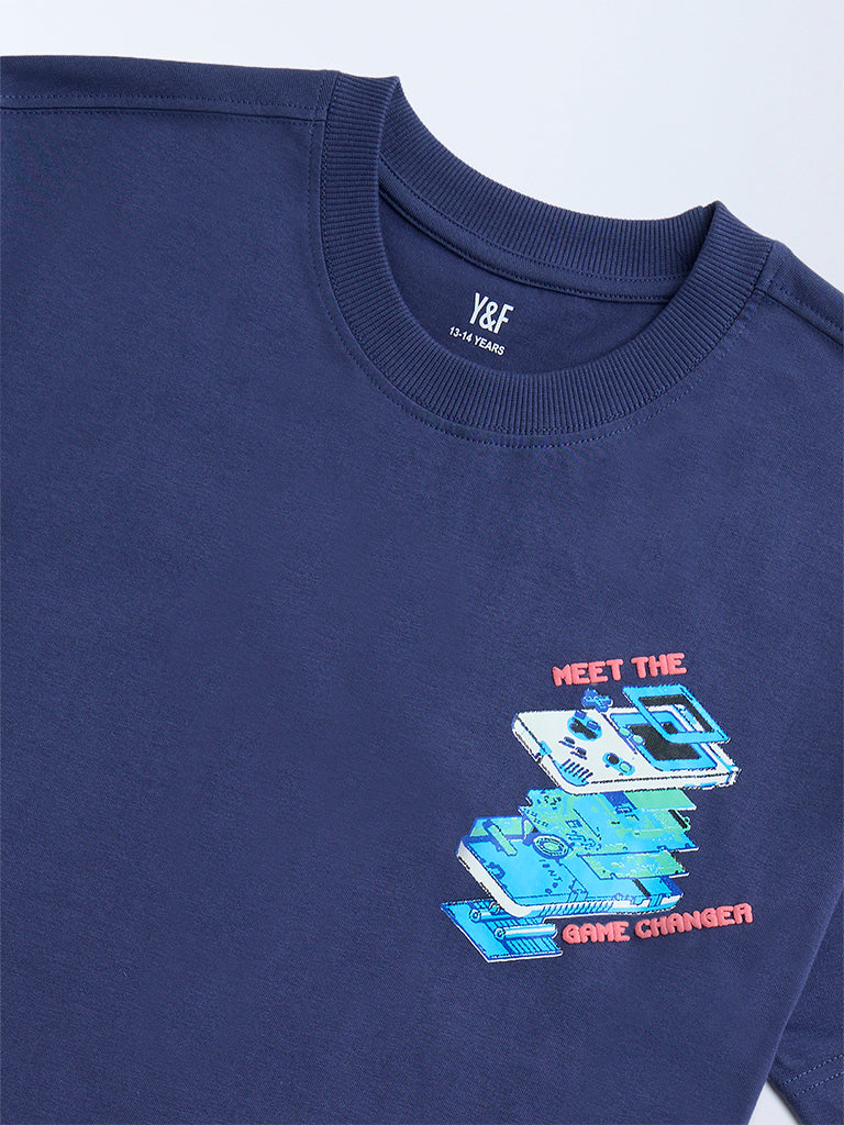 Y&F Kids Dark Blue Printed Cotton T-Shirt