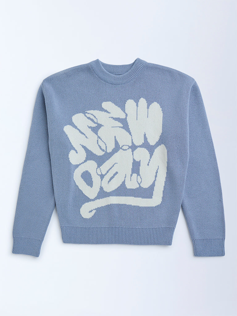 Y&F Kids Dusty Blue Text Detailed Cotton-Blend Sweater