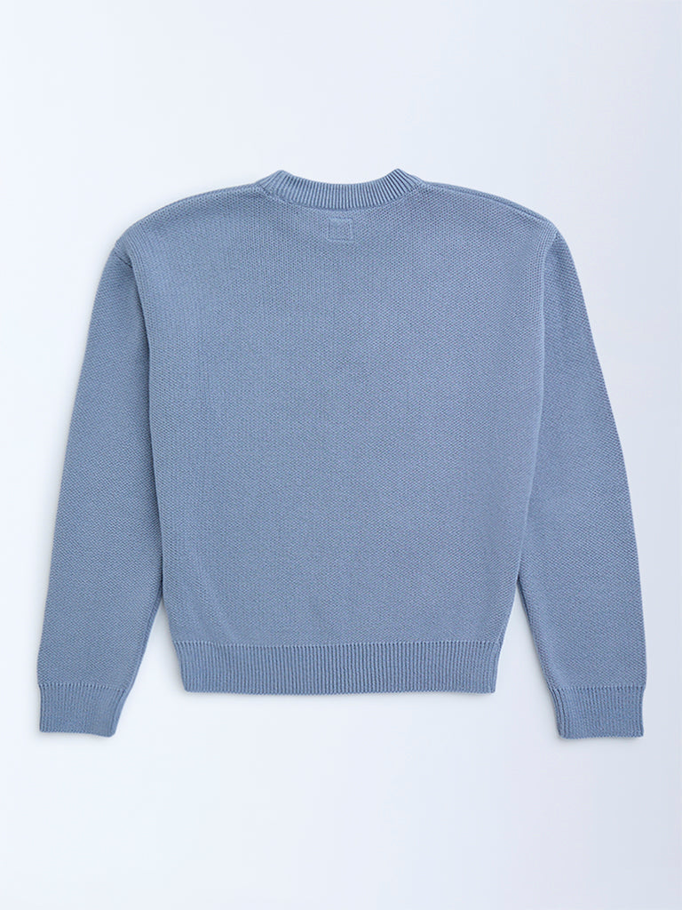 Y&F Kids Dusty Blue Text Detailed Cotton-Blend Sweater