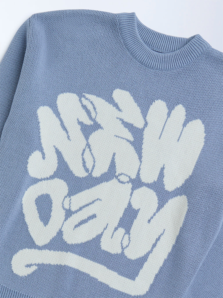 Y&F Kids Dusty Blue Text Detailed Cotton-Blend Sweater