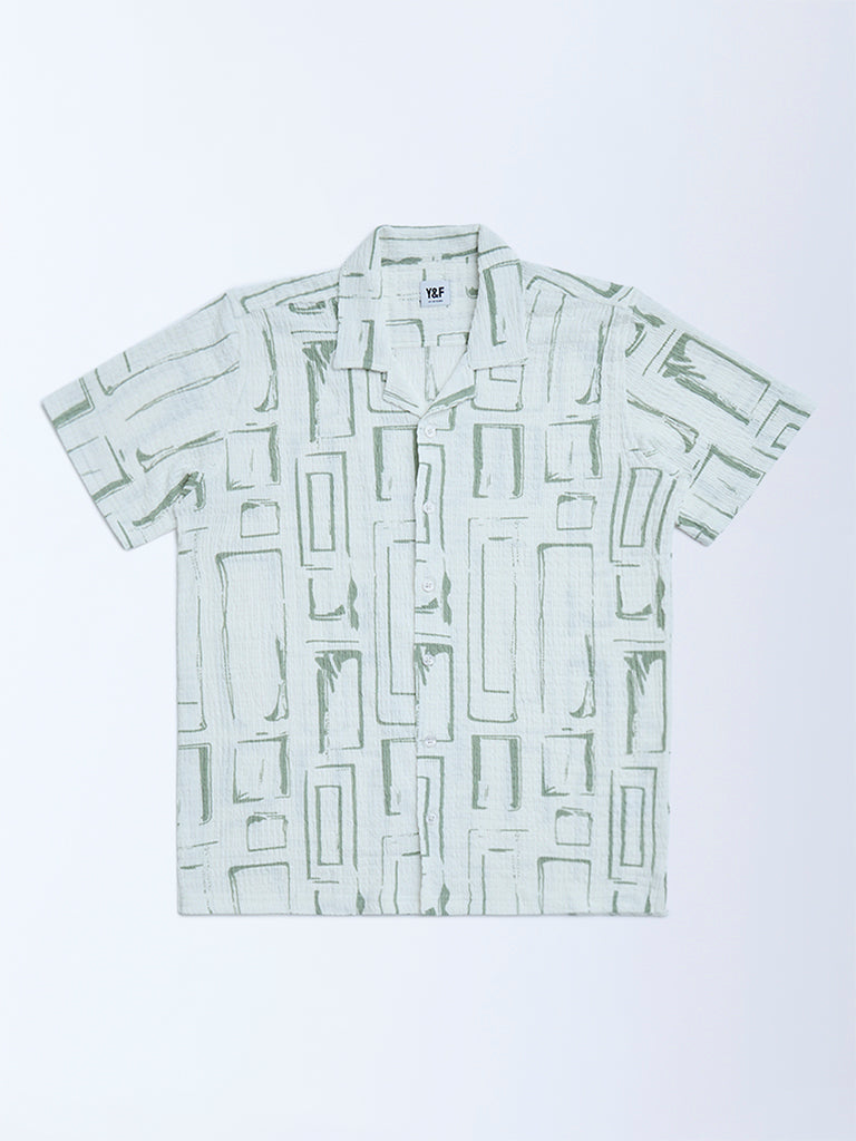 Y&F Kids White Abstract Printed Resort-Fit Shirt