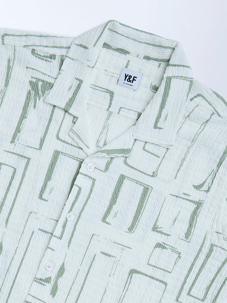 Y&F Kids White Abstract Printed Resort-Fit Shirt