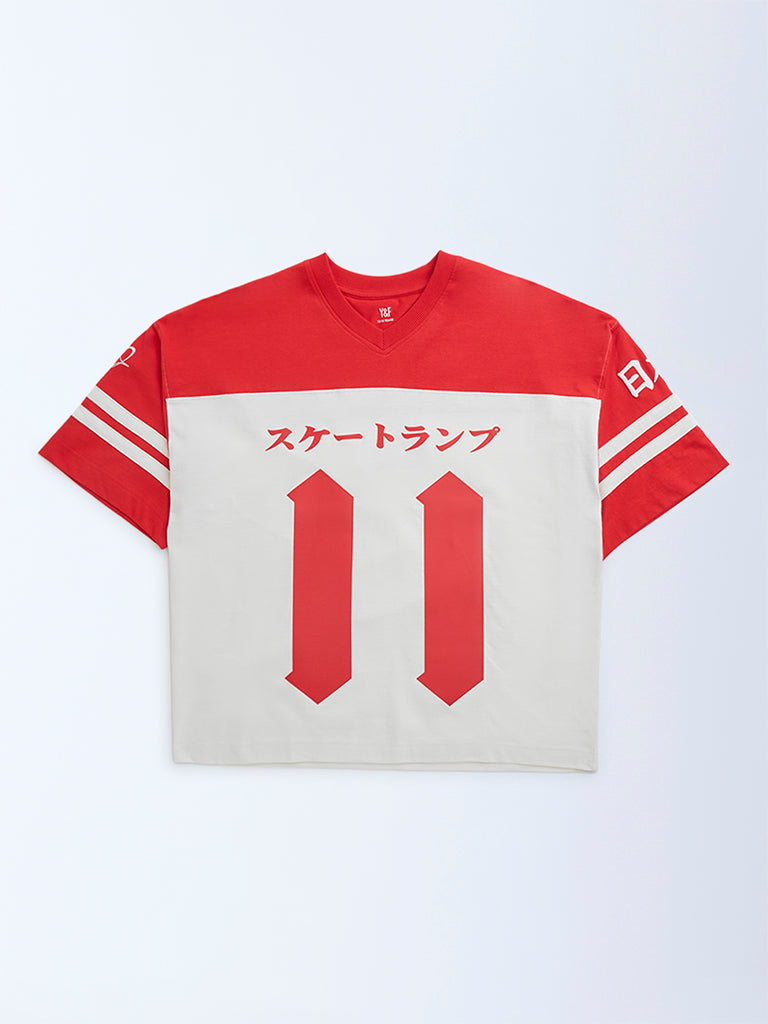 Y&F Kids Off-White Colour-Blocked Cotton T-Shirt