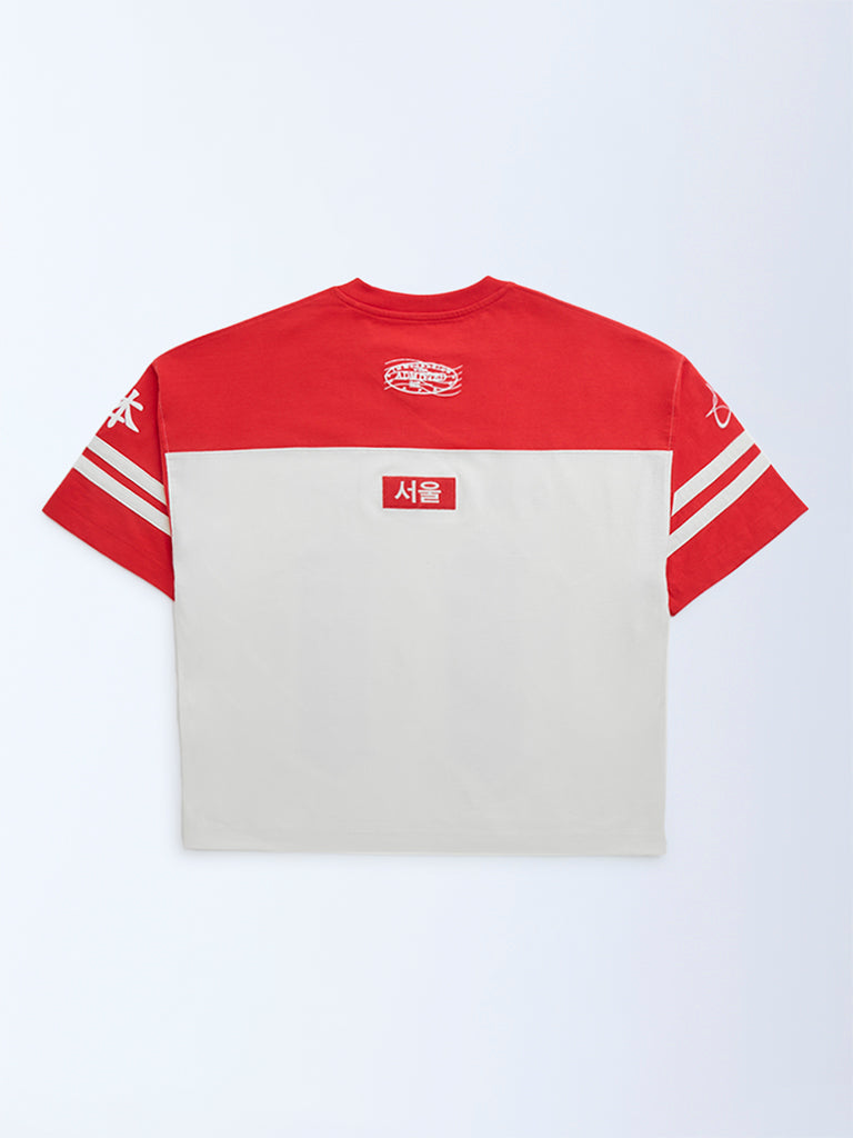 Y&F Kids Off-White Colour-Blocked Cotton T-Shirt