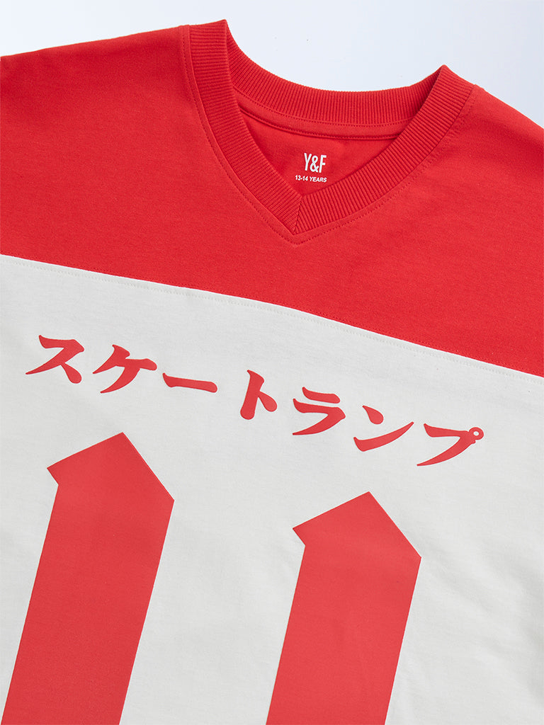 Y&F Kids Off-White Colour-Blocked Cotton T-Shirt