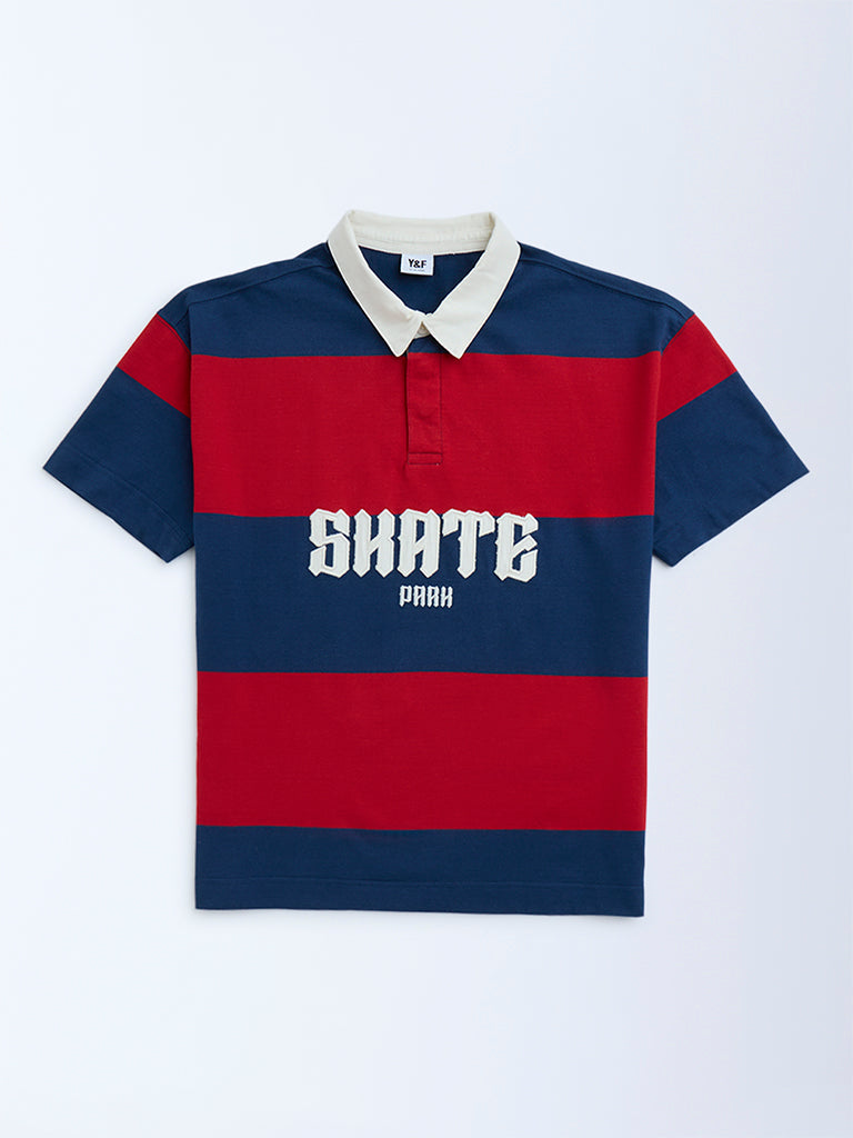 Y&F Kids Navy Colour-Blocked Cotton Polo T-Shirt
