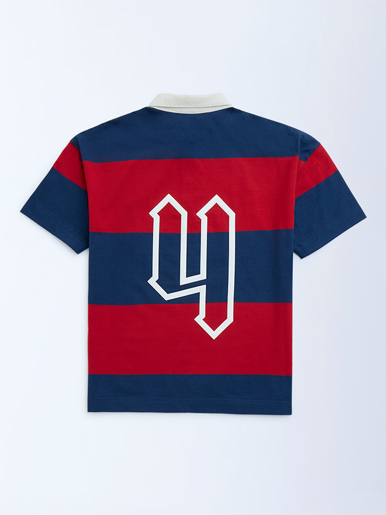 Y&F Kids Navy Colour-Blocked Cotton Polo T-Shirt