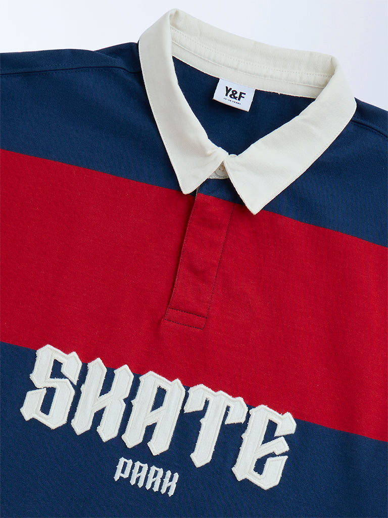 Y&F Kids Navy Colour-Blocked Cotton Polo T-Shirt