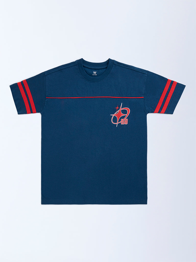 Y&F Kids Dark Blue Printed Cotton T-Shirt