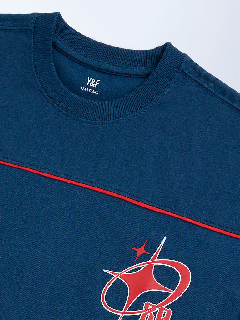 Y&F Kids Dark Blue Printed Cotton T-Shirt