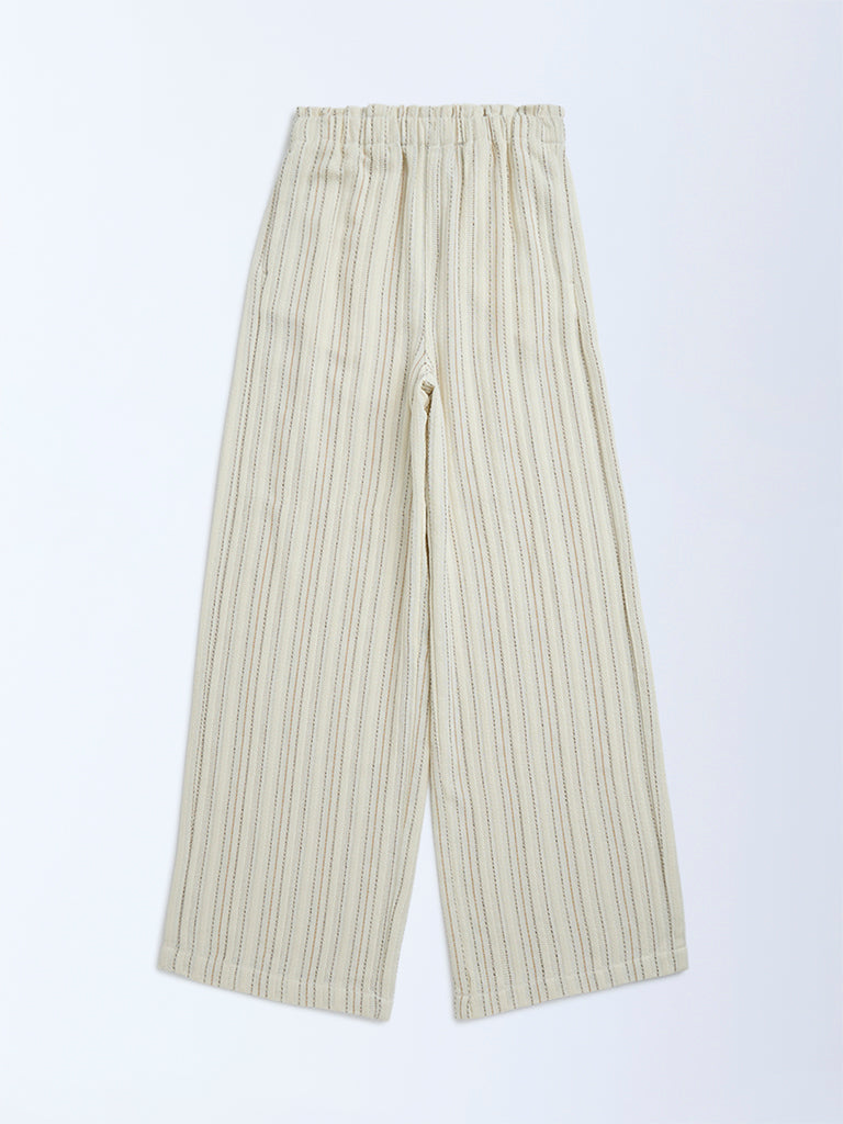 Y&F Kids Off-White Striped Mid-Rise Cotton-Blend Trousers