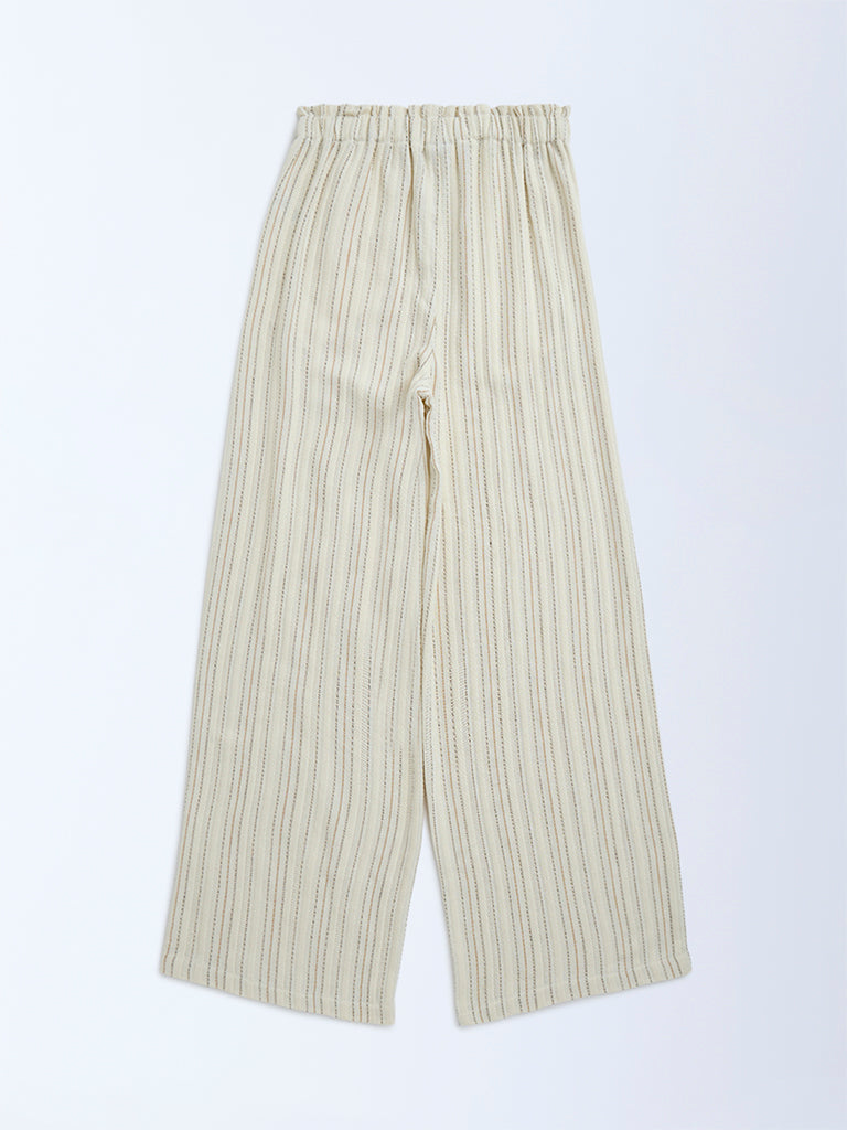 Y&F Kids Off-White Striped Mid-Rise Cotton-Blend Trousers