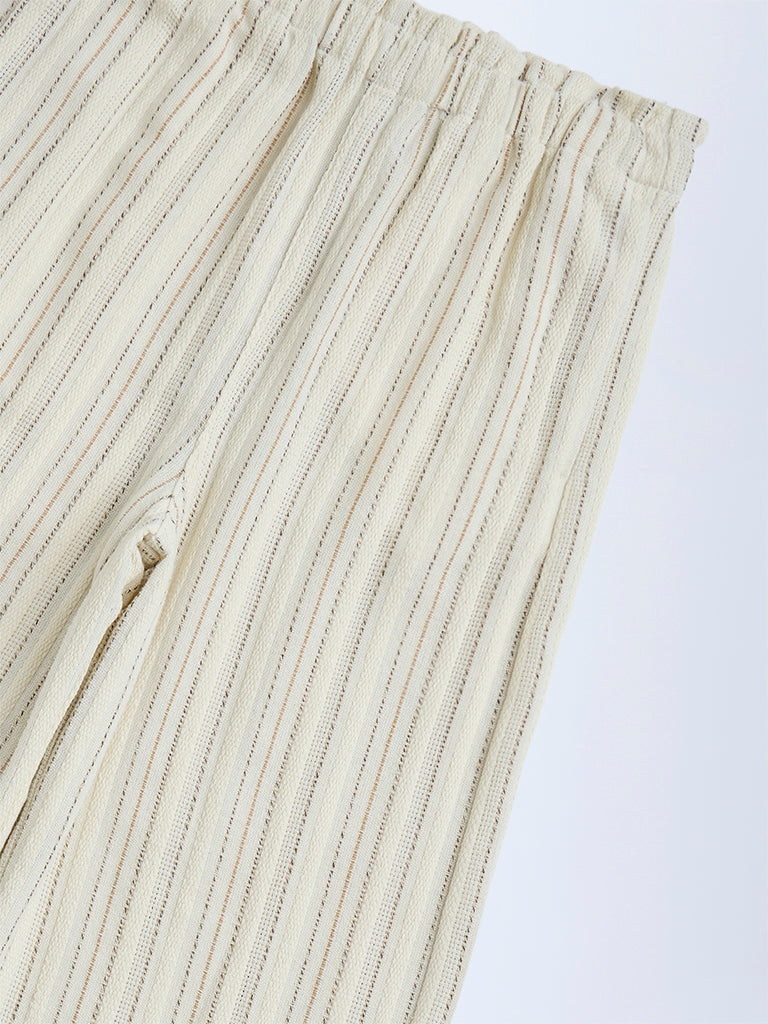 Y&F Kids Off-White Striped Mid-Rise Cotton-Blend Trousers