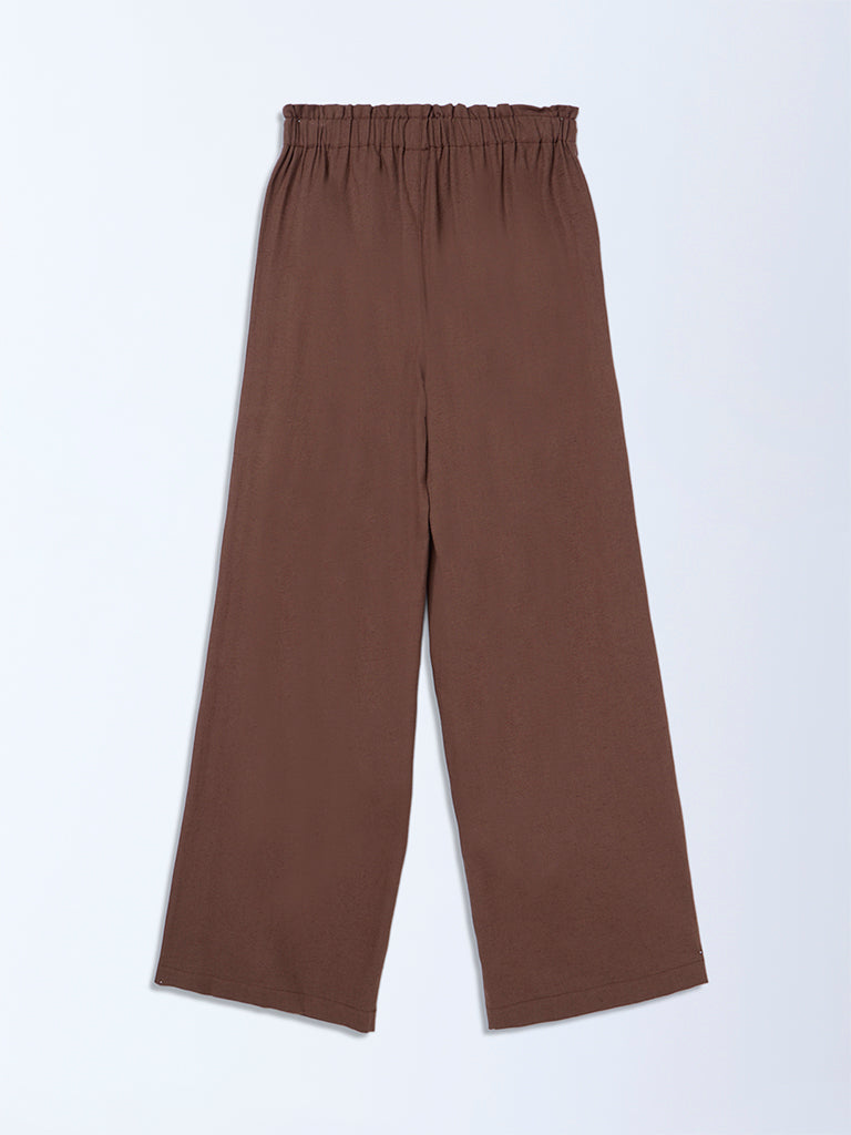 Y&F Kids Dark Brown Mid-Rise Cotton-Blend Trousers