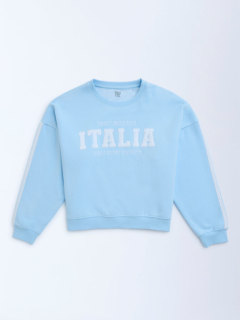 Y&F Kids Light Blue Text Design Cotton-Blend Sweatshirt