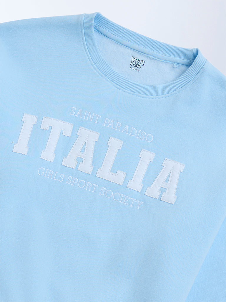 Y&F Kids Light Blue Text Design Cotton-Blend Sweatshirt