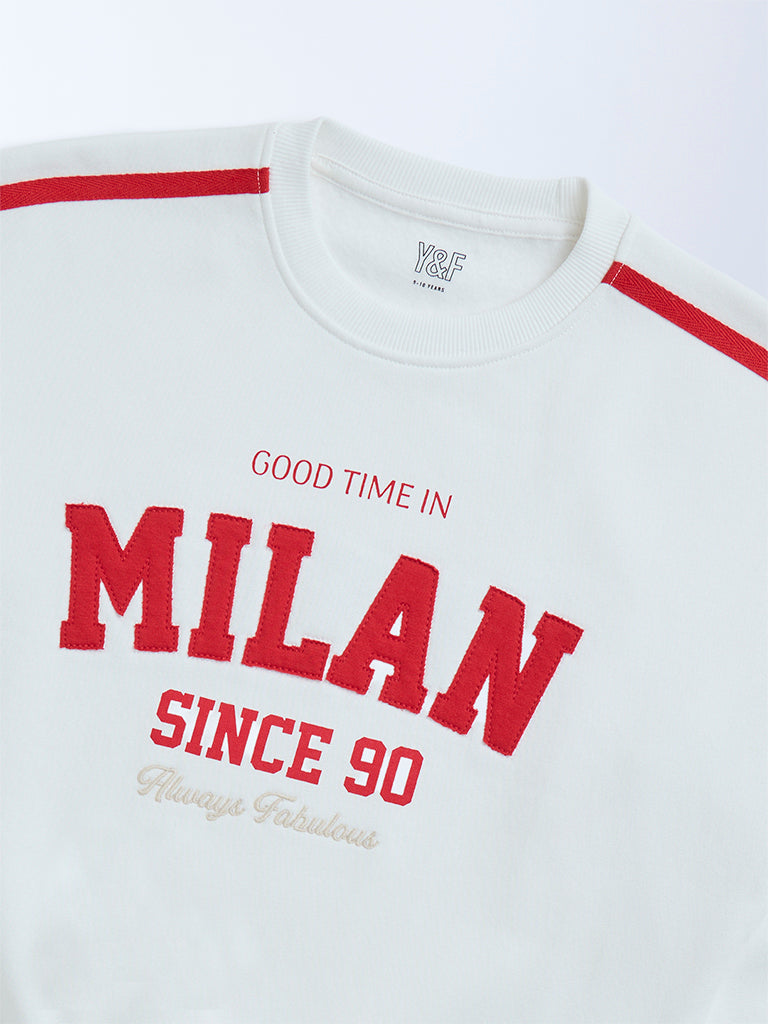 Y&F Kids White Text Printed Cotton-Blend Sweatshirt