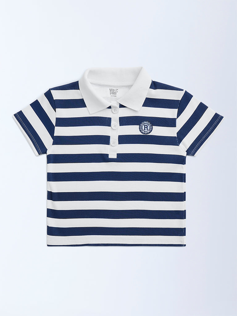Y&F Kids Navy Striped Cotton-Blend Polo T-Shirt