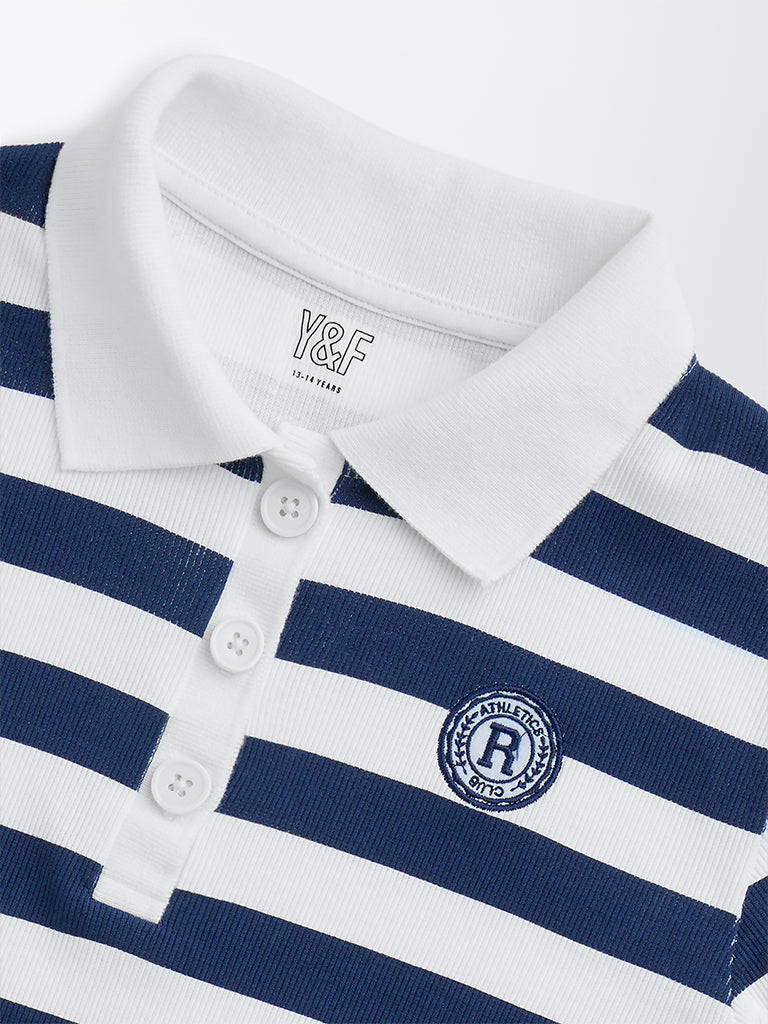 Y&F Kids Navy Striped Cotton-Blend Polo T-Shirt