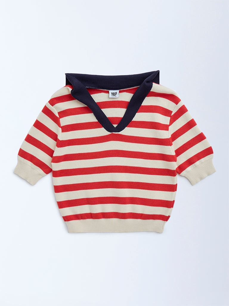 Y&F Kids Red Striped Cotton T-Shirt