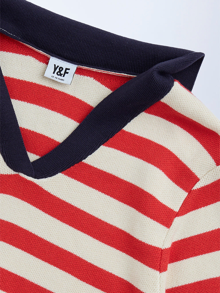 Y&F Kids Red Striped Cotton T-Shirt