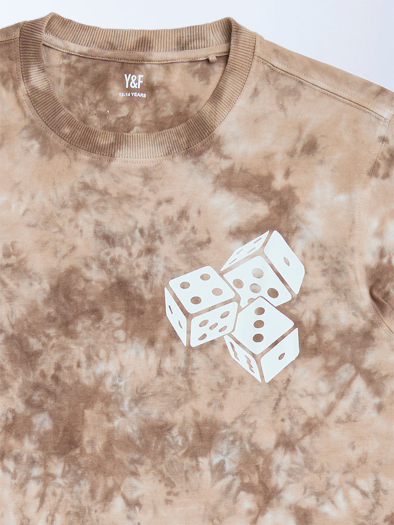 Y&F Kids Brown Tie-Dye Design Cotton T-Shirt