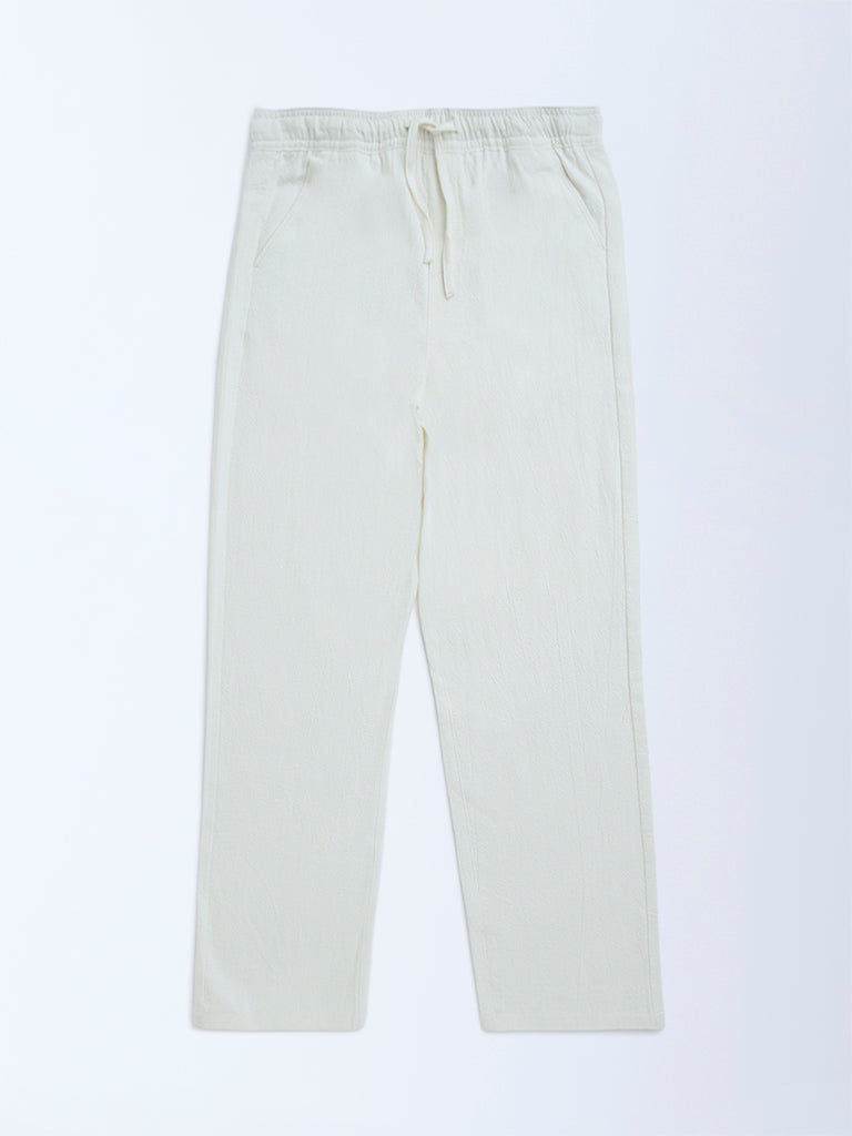 Y&F Kids Off-White Textured High-Rise Cotton Trousers