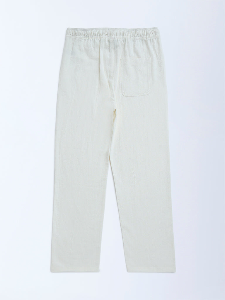 Y&F Kids Off-White Textured High-Rise Cotton Trousers