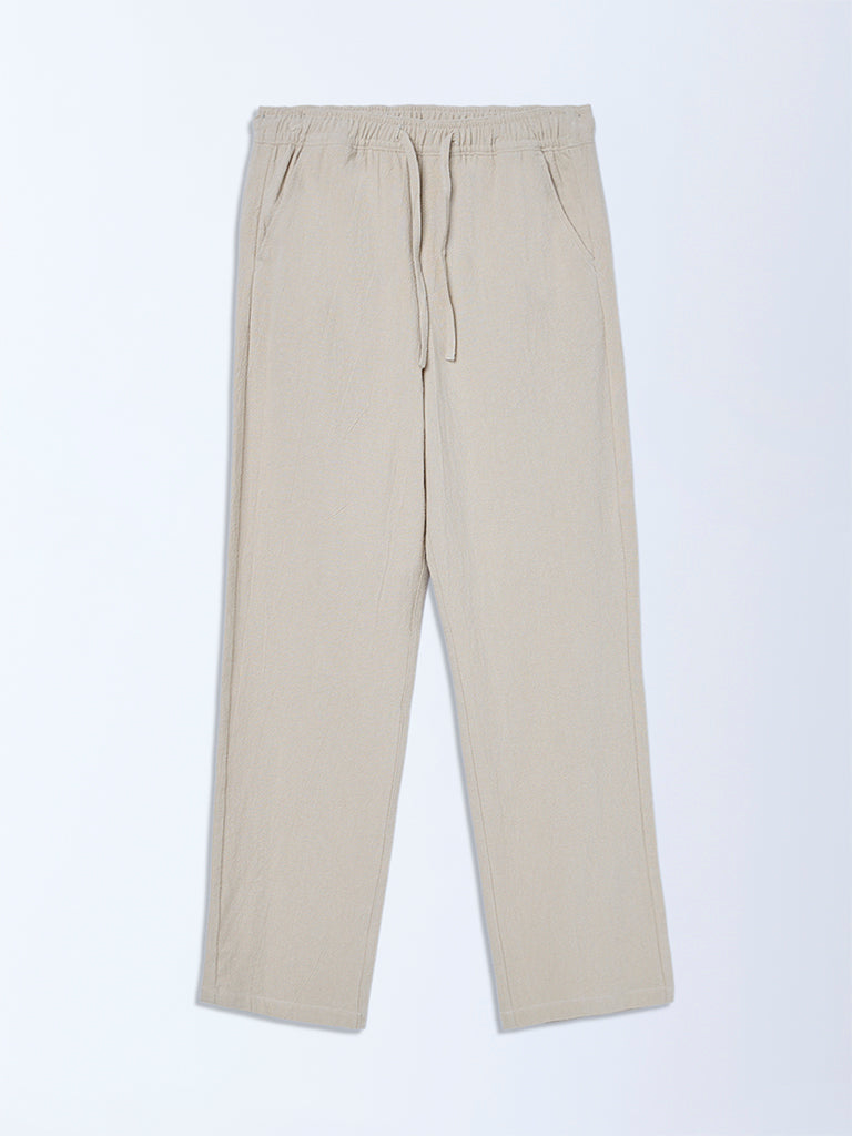 Y&F Kids Taupe Solid Mid-Rise Cotton Trousers