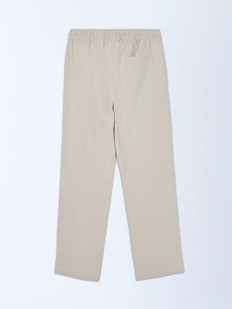 Y&F Kids Taupe Solid Mid-Rise Cotton Trousers