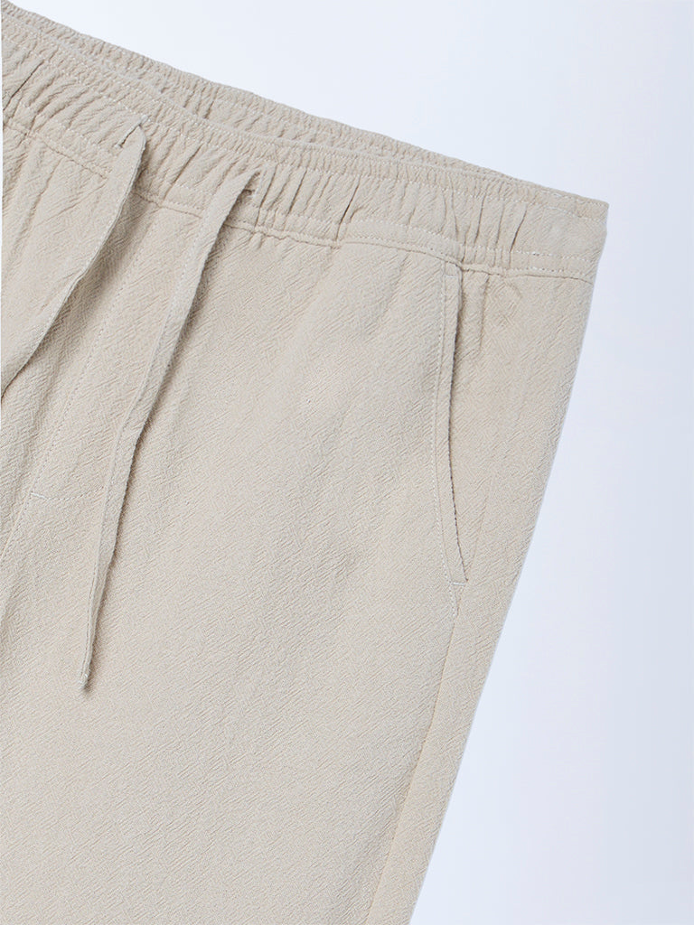 Y&F Kids Taupe Solid Mid-Rise Cotton Trousers