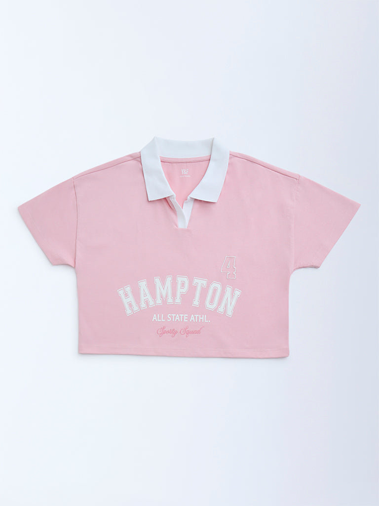 Y&F Kids Pink Text Printed Cotton T-Shirt