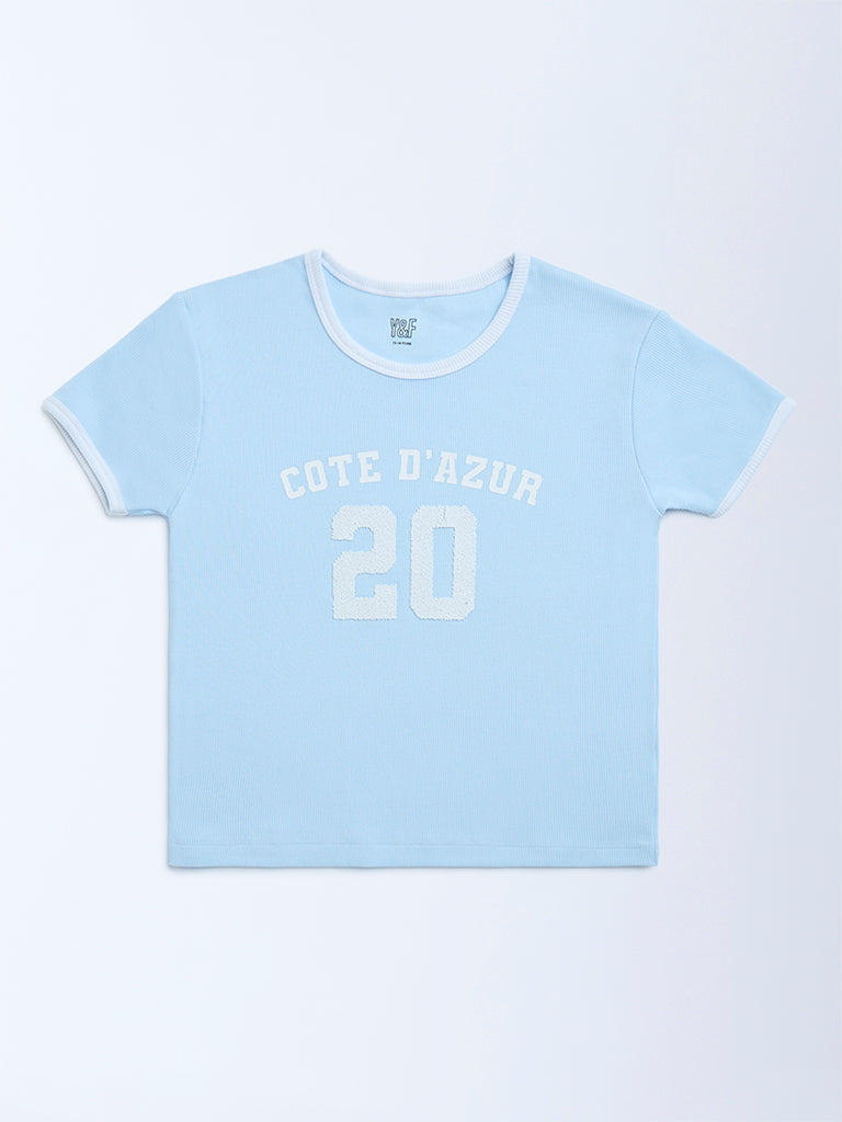 Y&F Kids Light Blue Printed Cotton-Blend T-Shirt