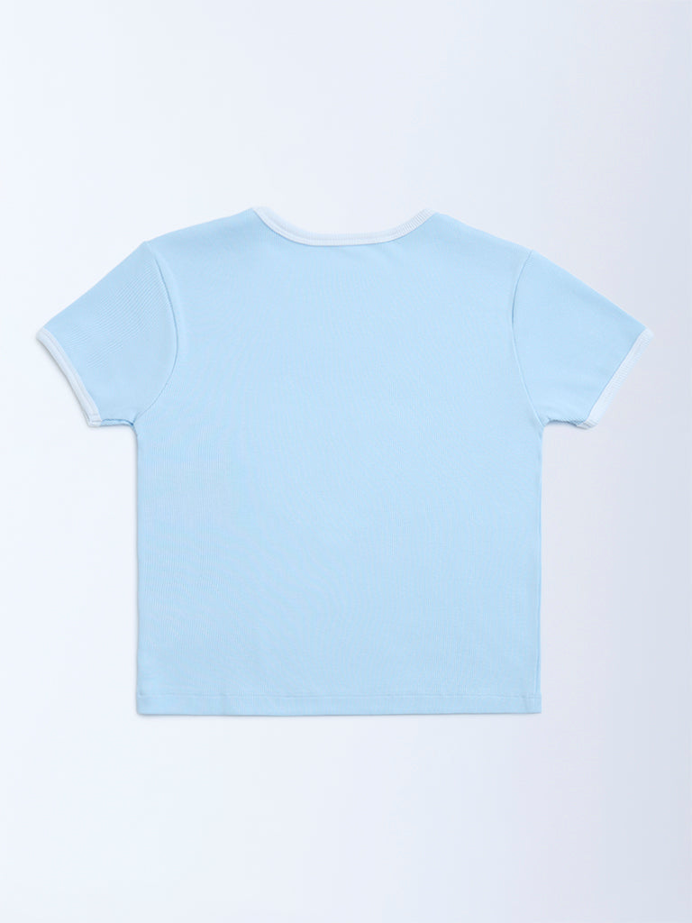 Y&F Kids Light Blue Printed Cotton-Blend T-Shirt