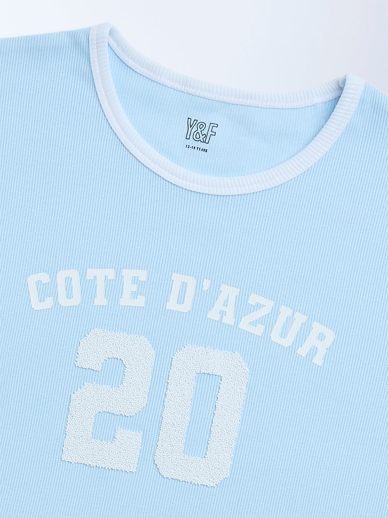 Y&F Kids Light Blue Printed Cotton-Blend T-Shirt