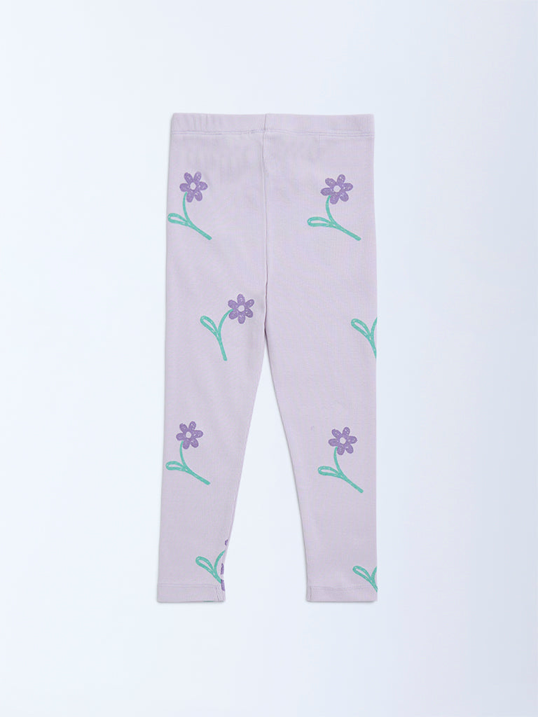 HOP Kids Lilac Floral High-Rise Cotton-Blend Leggings