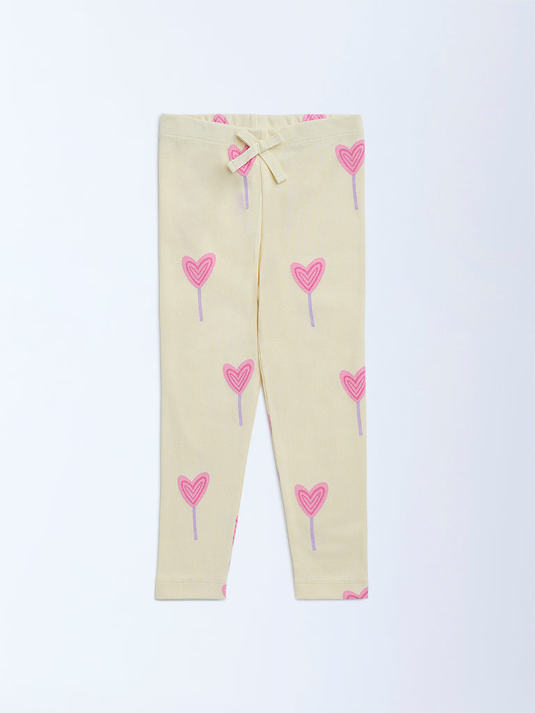 HOP Kids Yellow Printed High-Rise Cotton Leggings