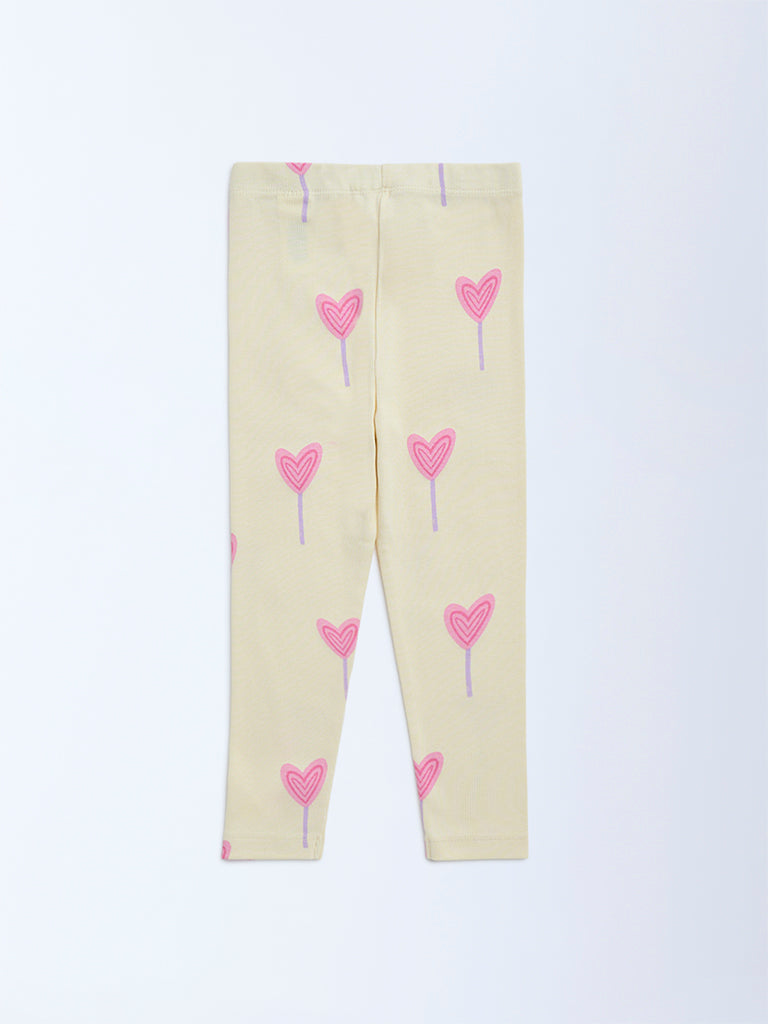 HOP Kids Yellow Printed High-Rise Cotton Leggings
