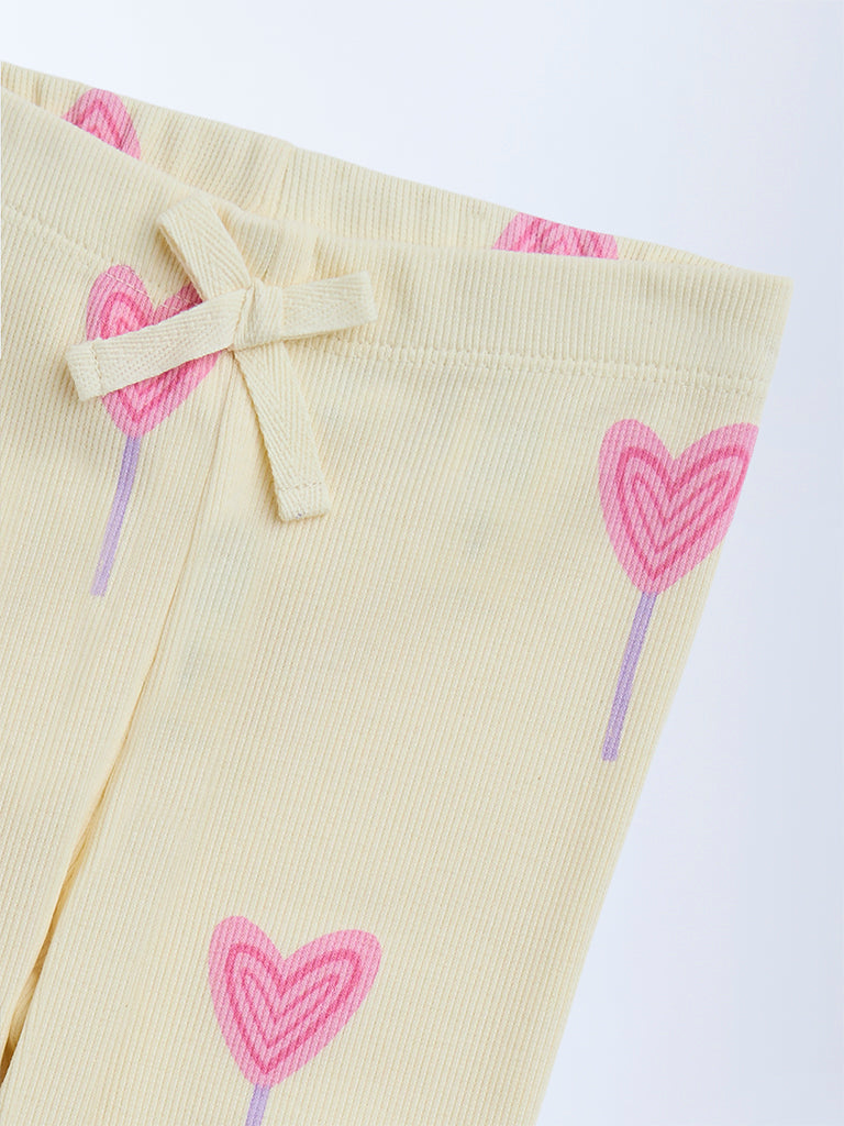 HOP Kids Yellow Printed High-Rise Cotton Leggings