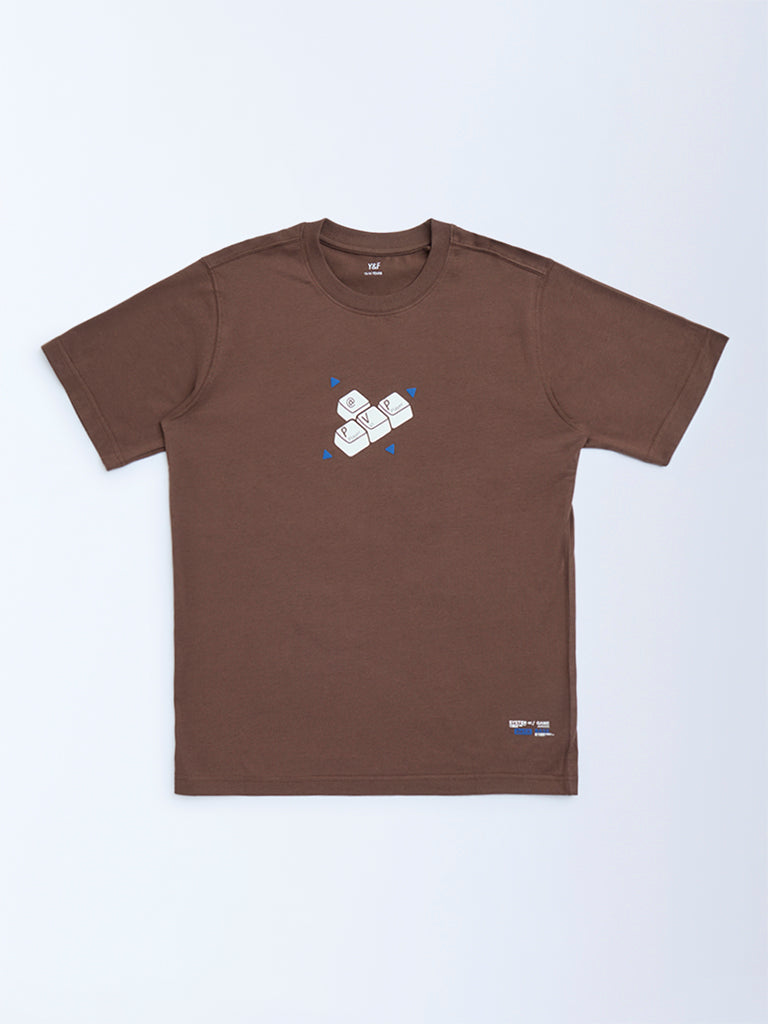 Y&F Kids Dark Brown Printed Cotton T-Shirt