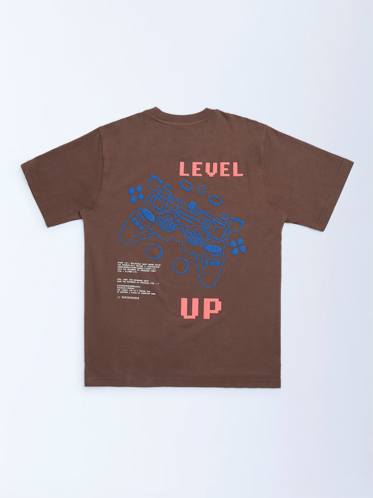 Y&F Kids Dark Brown Printed Cotton T-Shirt