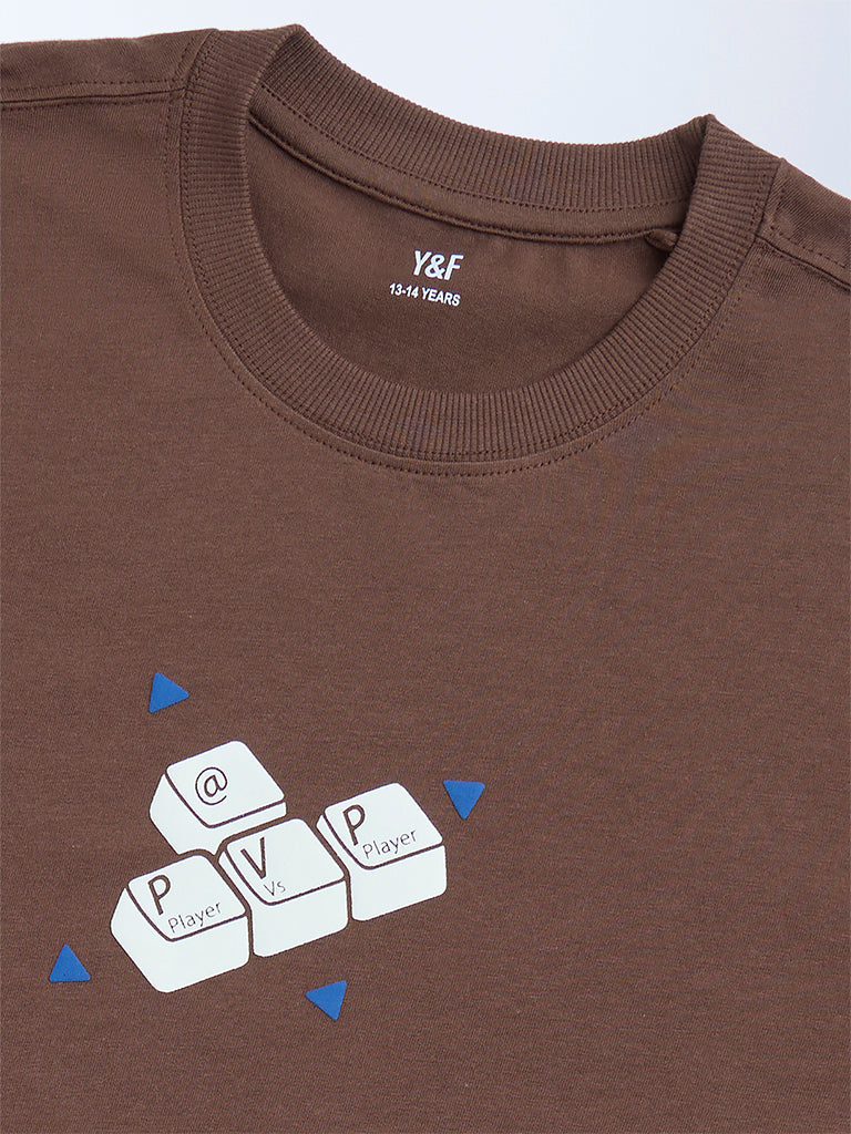 Y&F Kids Dark Brown Printed Cotton T-Shirt