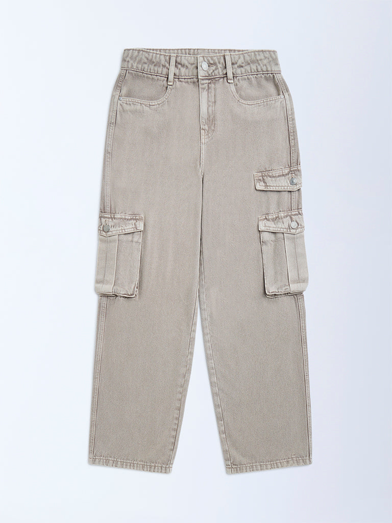 Y&F Kids Khaki Cargo-Style Relaxed-Fit Mid-Rise Jeans