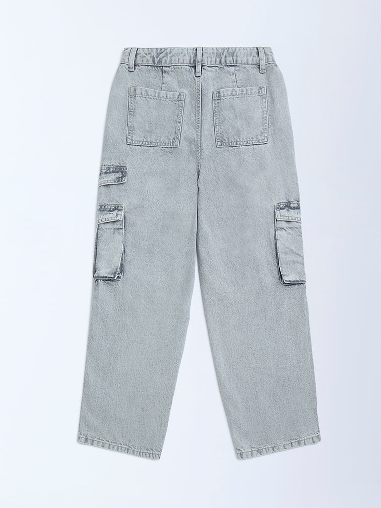 Y&F Kids Grey Cargo-Style Mid-Rise Relaxed-Fit Jeans