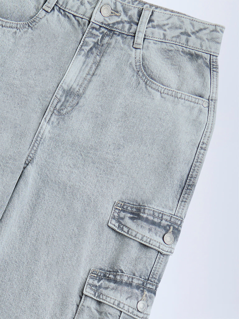 Y&F Kids Grey Cargo-Style Mid-Rise Relaxed-Fit Jeans