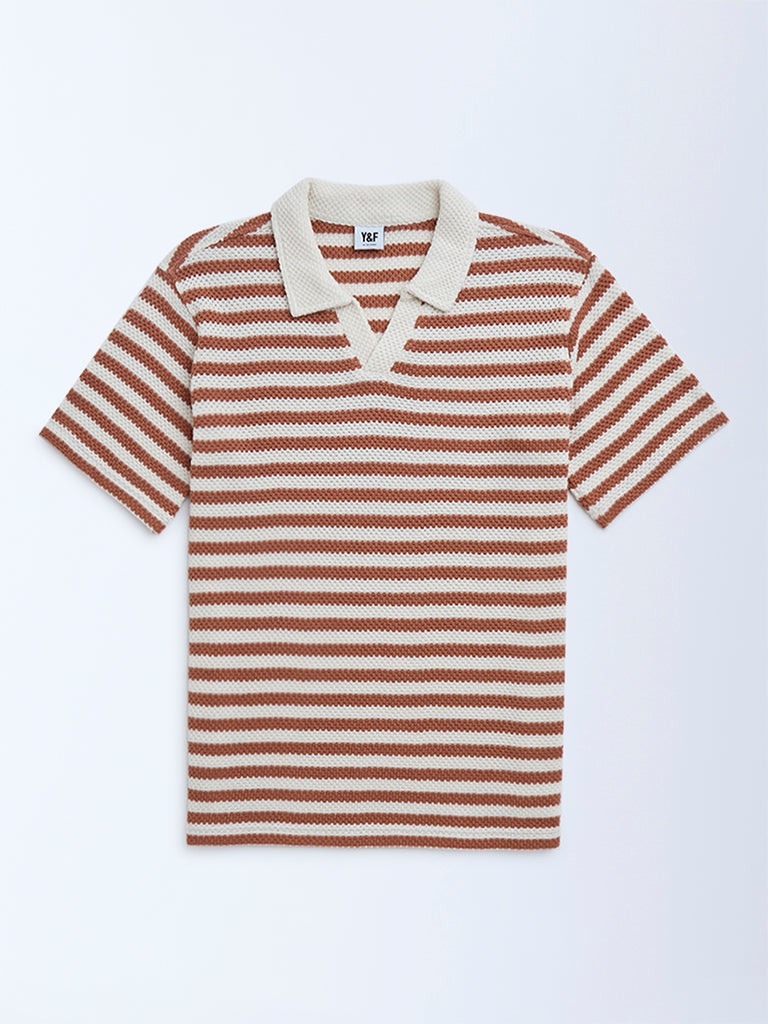 Y&F Kids Rust Striped Cotton-Blend T-Shirt
