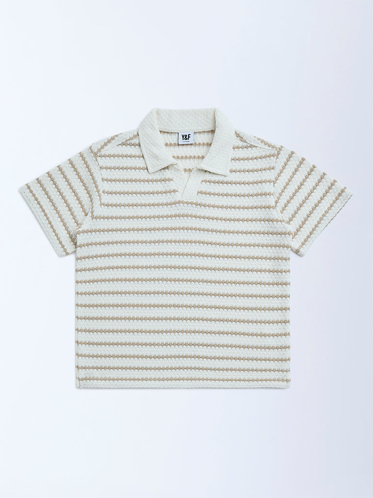 Y&F Kids Off-White Striped Cotton-Blend T-Shirt