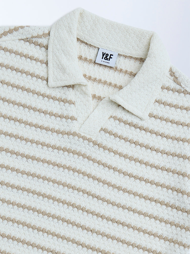 Y&F Kids Off-White Striped Cotton-Blend T-Shirt