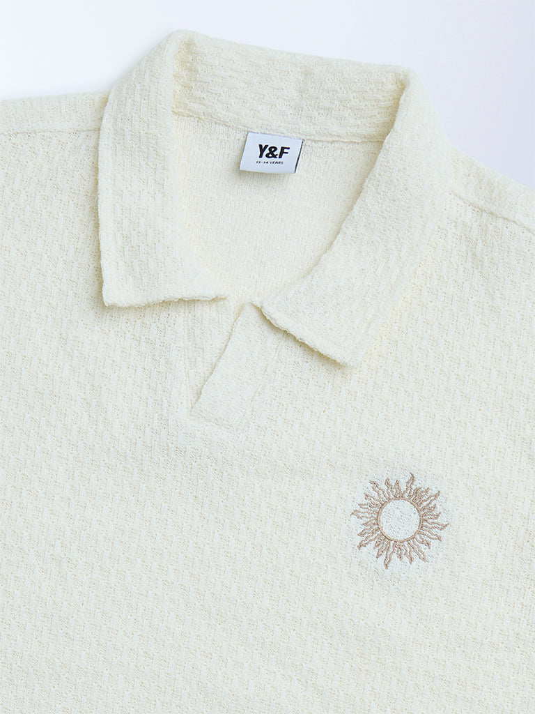 Y&F Kids Off-White Knit-Textured Cotton T-Shirt